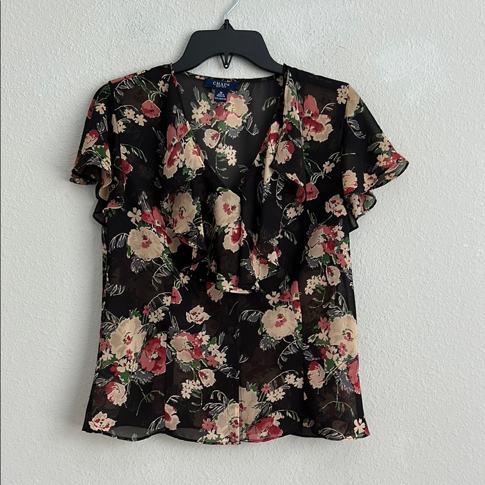Women’s chap sheer black floral blouse medium